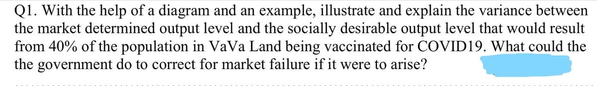 Q1. With the help of a diagram and an example, illustrate and explain the variance between
the market determined output level and the socially desirable output level that would result
from 40% of the population in VaVa Land being vaccinated for COVID19. What could the
the government do to correct for market failure if it were to arise?
