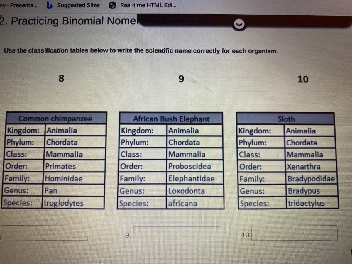 ny - Presenta...
Suggested Sites
Real-time HTML Edi.
2. Practicing Binomial Nomel
Use the classification tables below to write the scientific name correctly for each organism.
8.
9.
10
Common chimpanzee
Kingdom: Animalia
Phylum:
Class:
Order:
Family:
Genus:
African Bush Elephant
Kingdom:
Phylum:
Class:
Order:
Family:
Sloth
Animalia
Chordata
Kingdom:
Phylum:
Class:
Order:
Family:
Animalia
Chordata
Mammalia
Xenarthra
Chordata
Mammalia
Mammalia
Proboscidea
Elephantidae.
Loxodonta
africana
Primates
Hominidae
Bradypodidae
Bradypus
tridactylus
Pan
Genus:
Genus:
Species: troglodytes
Species:
Species:
9.
10.
