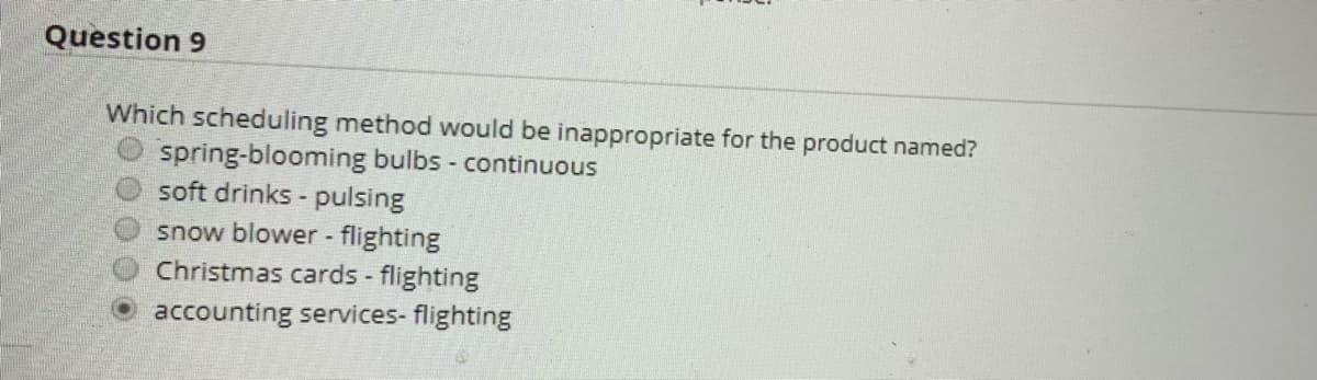 Question 9
Which scheduling method would be inappropriate for the product named?
spring-blooming bulbs - continuous
soft drinks - pulsing
snow blower - flighting
Christmas cards flighting
accounting services- flighting
