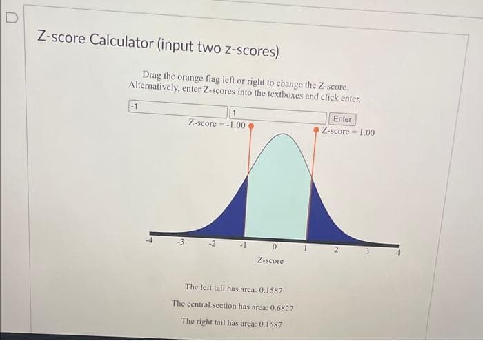 Z-score Calculator (input two z-scores)
Drag the orange flag left or right to change the Z-score.
Alternatively, enter Z-scores into the textboxes and click enter.
-1
-4
1
Z-score-1.00
-1
0
Z-score
The left tail has area: 0.1587
The central section has area: 0.6827
The right tail has area: 0.1587
Enter
Z-score 1.00
2
3