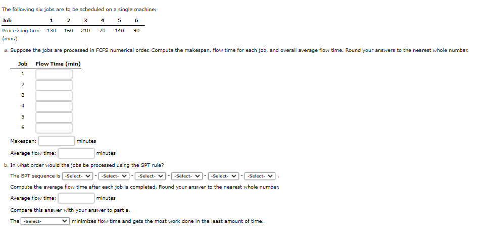 The following six jobs are to be scheduled on a single machine:
Job
1
2
3
4
5 6
Processing time 130 160 210 70 140 90
(min.)
a. Suppose the jobs are processed in FCFS numerical order. Compute the makespan, flow time for each job, and overall average flow time. Round your answers to the nearest whole number.
Job Flow Time (min)
1
2
3
4
5
6
Makespan:
Average flow time:
b. In what order would the jobs be processed using the SPT rule?
The SPT sequence is -Select---Select---Select---Select---Select- V -Select- V.
Compute the average flow time after each job is completed. Round your answer to the nearest whole number.
Average flow time:
minutes
Compare this answer with your answer to part a.
The -Select-
minutes
minutes
✓ minimizes flow time and gets the most work done in the least amount of time.