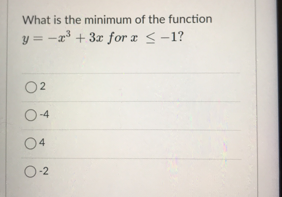 What is the minimum of the function
y = -a° + 3x for x <-1?
O-4
04
O-2
