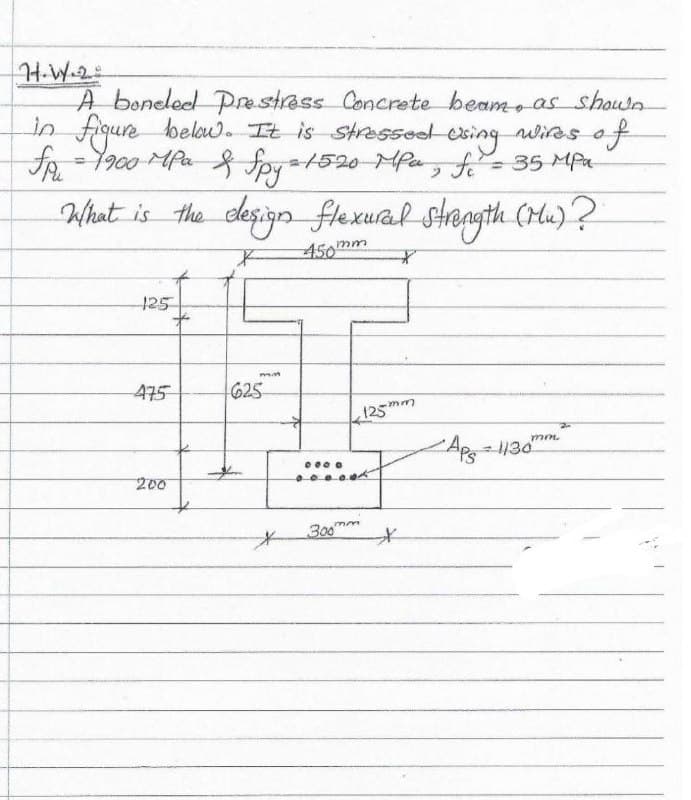 H-W.2
A boneled Pre strass Concrete beamo as shotn
in figure belau. It is stresseed
l esing wiras of
wires of
fo = Y900 Mpa fora1520-MPa f35 MPa-
%3D
What is the clegiyn flaxualslanyth (rHa)?
450mm
125
475
625
125mm
AR1130"
200
300"
