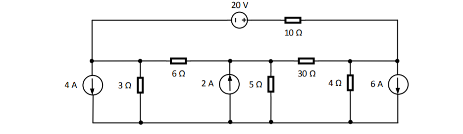 20 V
10Ω
6Ω
30 Ω
30 ||
2 A
50 ||
4 A
4Ω
6Α
