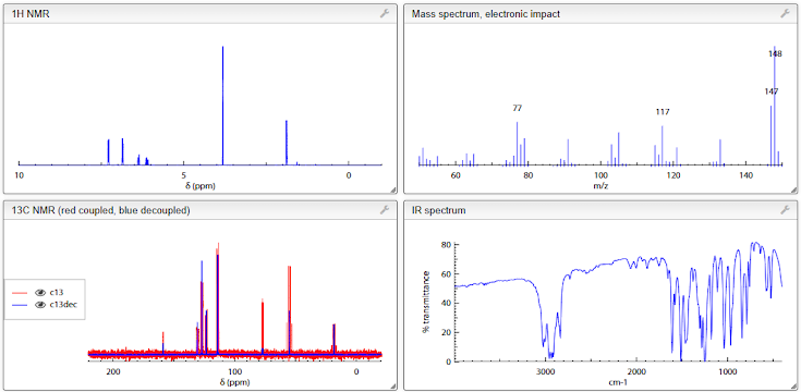 1H NMR
10
JL.
c13
c13dec
5
13C NMR (red coupled, blue decoupled)
200
8 (ppm)
0
100
8 (ppm)
نگی
Mass spectrum, electronic impact
60
IR spectrum
77
80
100
m/z
3000
2000
117
cm-1
120
80
60
Lbw
40
20
140
1000
148
147