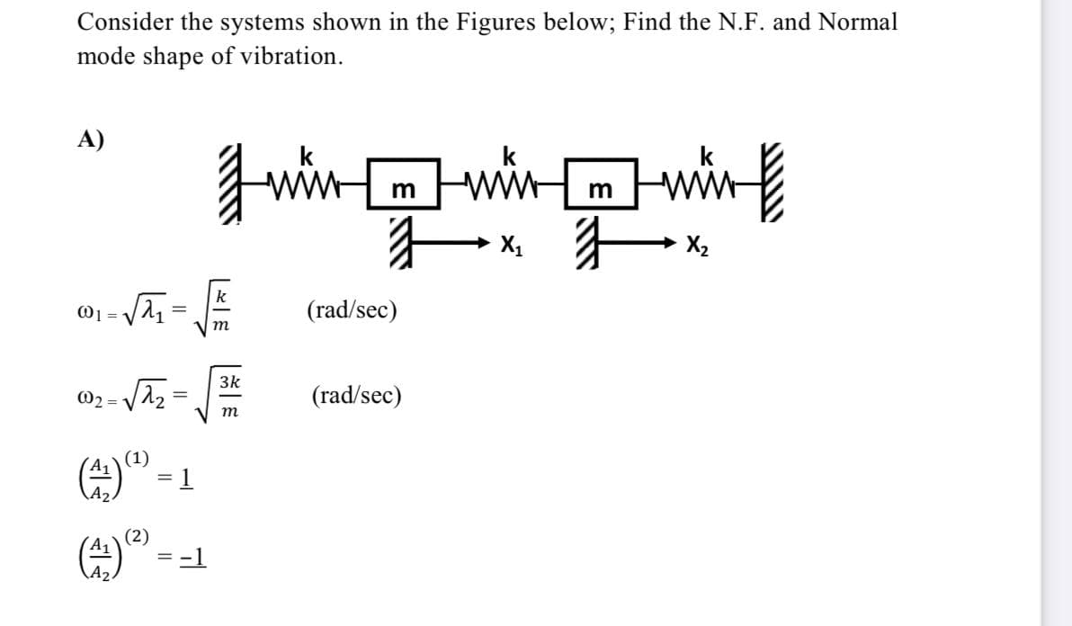 Consider the systems shown in the Figures below; Find the N.F. and Normal
mode shape of vibration.
A)
手whn
winwiw-win
X,
X2
k
O =
(rad/sec)
%3D
3k
O2 =
(rad/sec)
m
(1)
= 1
A1
(2)
= -1
