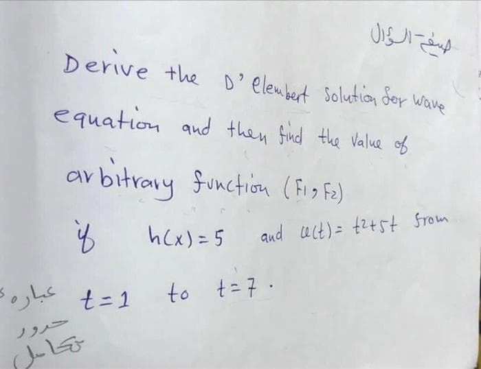 Derive the D'elenbert solutio der Wave
equation and then find the Value of
av bitrany function (Fig Fo)
hCx) = 5
qud ult) = t2+5t Srom
Boghe
t= 1
to t=7.
