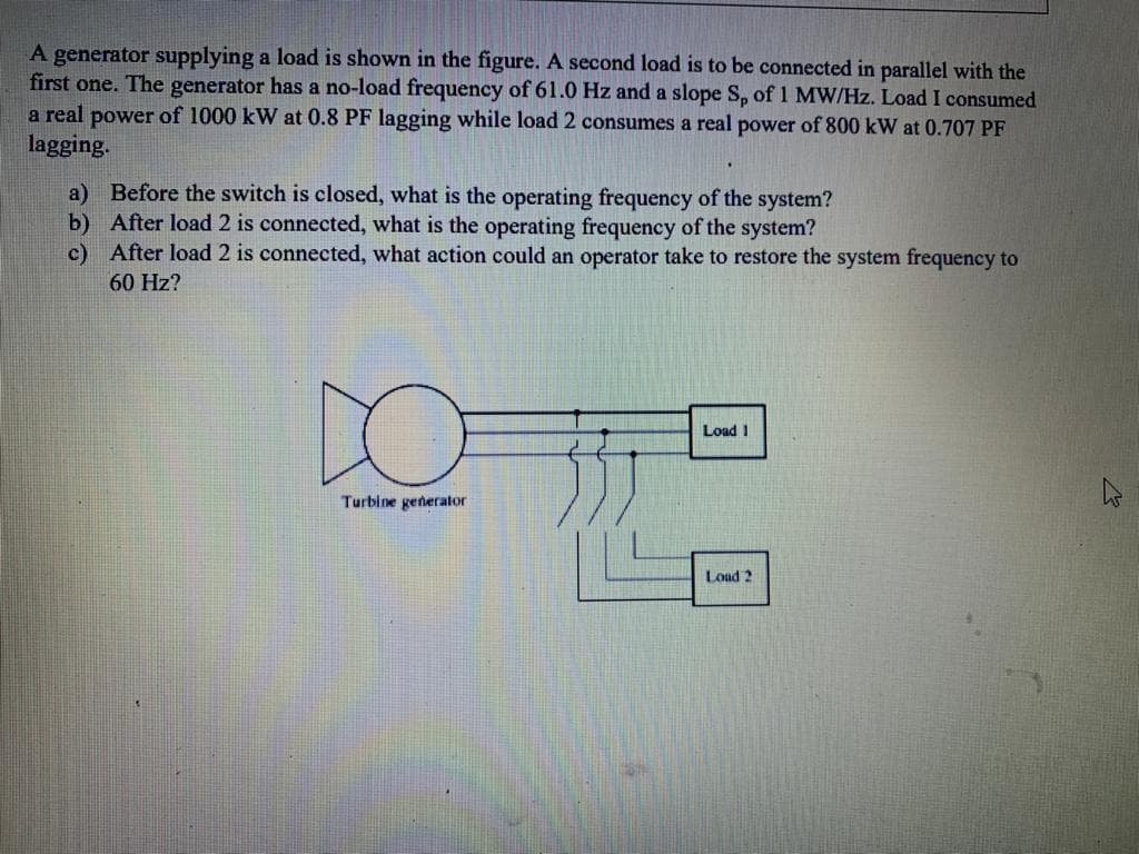 A generator supplying a load is shown in the figure. A second load is to be connected in parallel with the
first one. The generator has a no-load frequency of 61.0 Hz and a slope S, of 1 MW/Hz. Load I consumed
a real power of 1000 kW at 0.8 PF lagging while load 2 consumes a real power of 800 kW at 0.707 PF
lagging.
a) Before the switch is closed, what is the operating frequency of the system?
b) After load 2 is connected, what is the operating frequency of the system?
c) After load 2 is connected, what action could an operator take to restore the system frequency to
60 Hz?
Load 1
Turbine generator
Load 2
