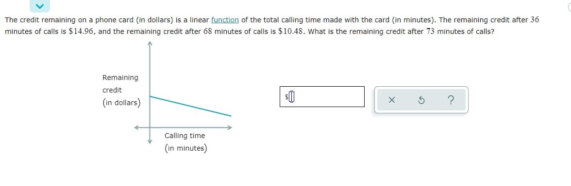 The credit remaining on a phone card (in dollars) is a linear function of the total calling time made with the card (in minutes). The remaining credit after 36
minutes of calls is $14.96, and the remaining credit after 68 minutes of calls is $10.48. What is the remaining credit after 73 minutes of calls?
Remaining
credit
(in dollars)
X
Calling time
(in minutes)