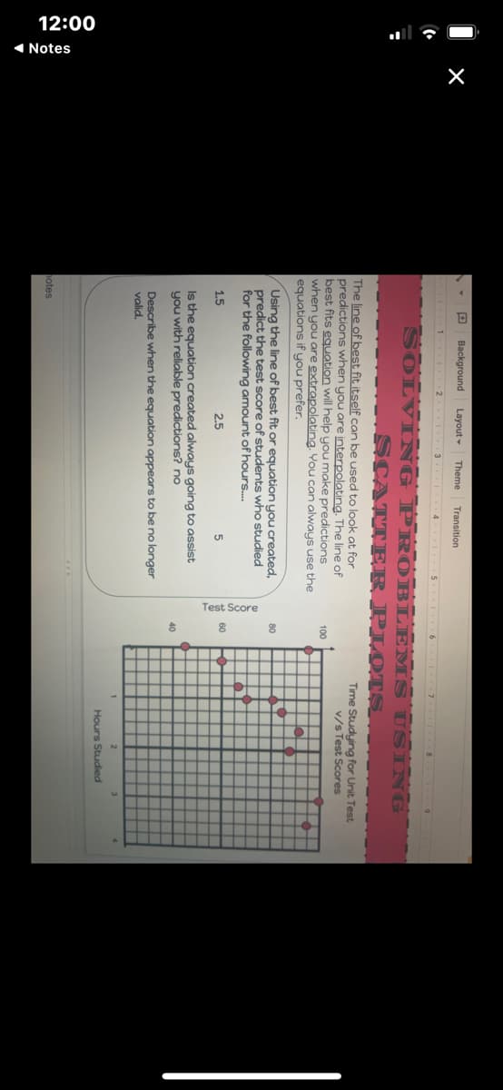 12:00
1 Notes
Test Score
Background
Layout -
Theme
Transition
4 5 6 7 8 9
SOLVIING PR OBLEMS USING
SCATTER PLOTS
The line of best fit itself can be used to look at for
predictions when you are interpolating. The line of
best fits equation will help you make predictions
when you are extrapolating. You can always use the
equations if you prefer.
Time Studying for Unit Test
v/s Test Scores
100
Using the line of best fit or equation you created,
predict the test score of students who studied
for the following amount of hours.
80
60
1.5
2.5
Is the equation created always going to assist
you with reliable predictions? no
40
Describe when the equation appears to be no longer
valid.
Hours Studied
otes
