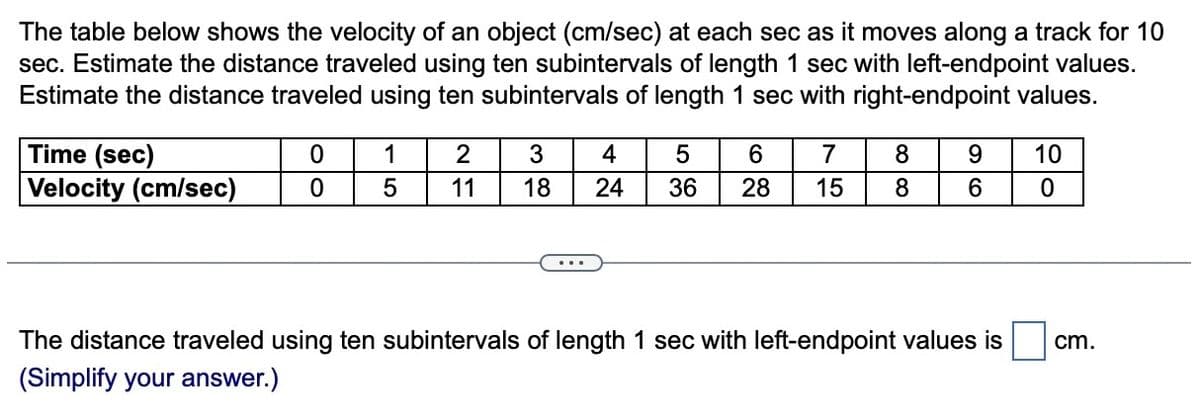 The table below shows the velocity of an object (cm/sec) at each sec as it moves along a track for 10
sec. Estimate the distance traveled using ten subintervals of length 1 sec with left-endpoint values.
Estimate the distance traveled using ten subintervals of length 1 sec with right-endpoint values.
Time (sec)
Velocity (cm/sec)
0
0
1
5
2
11
3
4
5
6
18 24 36 28
7
15
8
8
9
6
The distance traveled using ten subintervals of length 1 sec with left-endpoint values is
(Simplify your answer.)
10
0
cm.