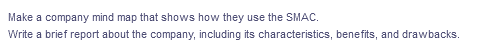 Make a company mind map that shows how they use the SMAC.
Write a brief report about the company, including its characteristics, benefits, and drawbacks.
