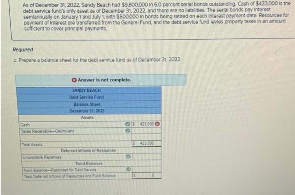 As of December 31, 2022, Sandy Beach had $9,800,000 in 6.0 percent serial bonds outstanding. Cash of $423,000 is the
debt service fund's only asset as of December 31, 2022, and there are no liabilities. The serial bonds pay interest
semiannually on January 1 and July 1, with $500,000 in bonds being retired on each Interest payment date. Resources for
payment of Interest are transferred from the General Fund, and the debt service fund levles property taxes in an amount
sufficient to cover principal payments.
Required
c. Prepare a balance sheet for the debt service fund as of December 31, 2023.
Cash
Taxes Receivable-Delinquent
Total Assets
Answer is not complete.
SANDY BEACH
Debt Service Fund
Balance Sheet
December 31, 2023
Assets
Unavailable Revenues
Deferred Inflows of Resources
Fund Balances
Fund Balance-Restricted for Debt Service
Total Deferred Inflows of Resources and Fund Balance
$ 423.000
S423.000
0