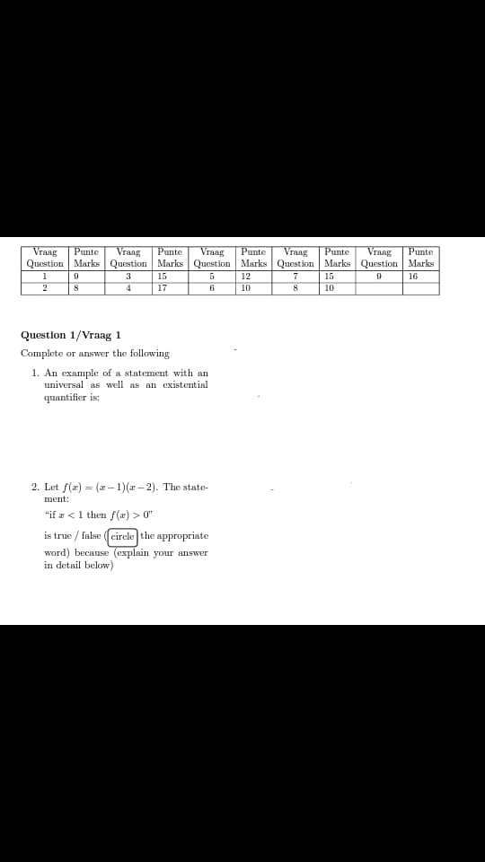 Vraag
Question Marks Question Marks Question Marks Question Marks Question Marks
Vraag
Punte
Vraag
Punte
Punte
Vraag
Punte
Vraag
Punte
1
3
15
12
15
16
2
8
17
6
10
8
10
Question 1/Vraag 1
Complete or answer the following
1. An example of a statement with an
universal as well as an existential
quantifier is:
2. Let f(æ) = (2– 1)(a – 2). The state-
ment:
"if æ <1 then f(æ) > 0"
is true / false ((circle the appropriate
word) because (explain your answer
in detail below)
