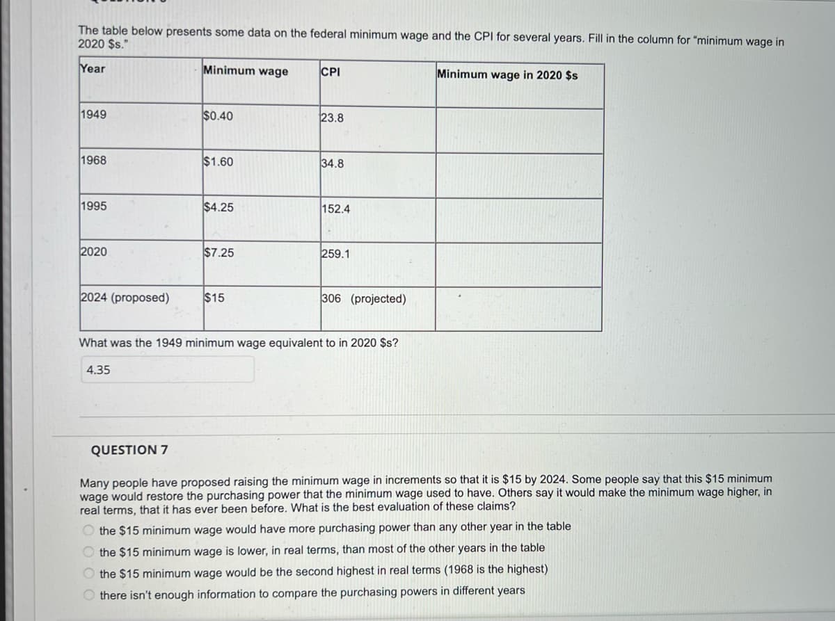 The table below presents some data on the federal minimum wage and the CPI for several years. Fill in the column for "minimum wage in
2020 $s."
Year
Minimum wage
CPI
Minimum wage in 2020 $s
1949
$0.40
23.8
1968
$1.60
34.8
1995
$4.25
152.4
2020
$7.25
259.1
2024 (proposed)
$15
306 (projected)
What was the 1949 minimum wage equivalent to in 2020 $s?
4.35
QUESTION 7
Many people have proposed raising the minimum wage in increments so that it is $15 by 2024. Some people say that this $15 minimum
wage would restore the purchasing power that the minimum wage used to have. Others say it would make the minimum wage higher, in
real terms, that it has ever been before. What is the best evaluation of these claims?
O the $15 minimum wage would have more purchasing power than any other year in the table
O the $15 minimum wage is lower, in real terms, than most of the other years in the table
O the $15 minimum wage would be the second highest in real terms (1968 is the highest)
O there isn't enough information to compare the purchasing powers in different years
