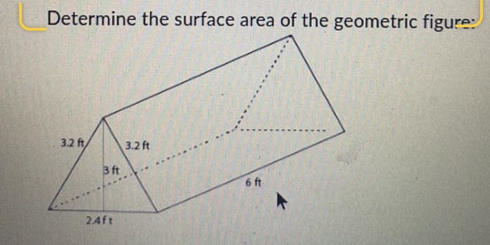 Determine the surface area of the geometric figure:
3.2 ft,
3 ft
2.4ft
3.2 ft
6 ft