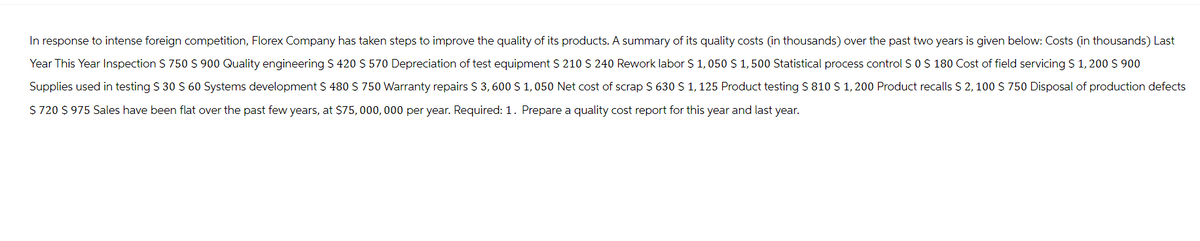 In response to intense foreign competition, Florex Company has taken steps to improve the quality of its products. A summary of its quality costs (in thousands) over the past two years is given below: Costs (in thousands) Last
Year This Year Inspection $ 750 $ 900 Quality engineering $ 420 $ 570 Depreciation of test equipment $ 210 $ 240 Rework labor $ 1,050 $ 1,500 Statistical process control $0 $ 180 Cost of field servicing $ 1,200 $ 900
Supplies used in testing $ 30 $ 60 Systems development $ 480 $ 750 Warranty repairs $ 3, 600 $ 1,050 Net cost of scrap $ 630 $ 1,125 Product testing $ 810 $ 1,200 Product recalls $ 2, 100 $ 750 Disposal of production defects
$ 720 $ 975 Sales have been flat over the past few years, at $75,000,000 per year. Required: 1. Prepare a quality cost report for this year and last year.