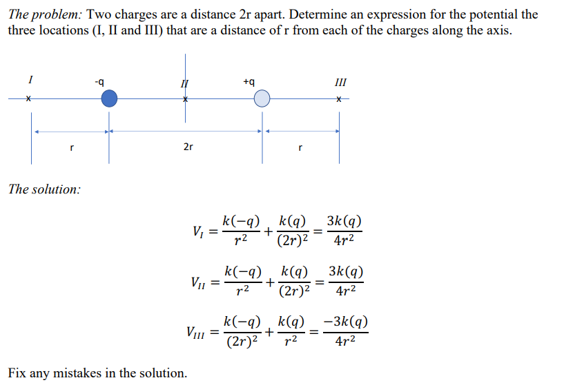 The problem: Two charges are a distance 2r apart. Determine an expression for the potential the
three locations (I, II and III) that are a distance of r from each of the charges along the axis.
*
r
The solution:
-q
2r
V₁
Fix any mistakes in the solution.
=
VII =
VIII =
+q
k(-q)
r2
r
k(-q), k(q) 3k(q)
+
72
(2r)² 4r²
+
k(q)
(2r)²
k(-q) k(q)
+
(2r)² r2
=
III
=
3k(q)
4r²
-3k(q)
4r²