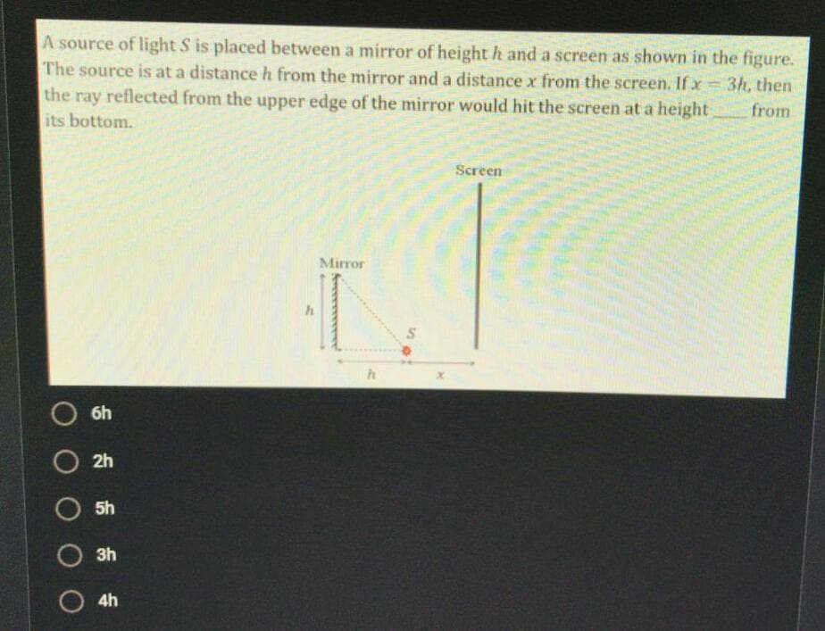 A source of light S is placed between a mirror of height h and a screen as shown in the figure.
The source is at a distanceh from the mirror and a distance x from the screen. If x=3h, then
the ray reflected from the upper edge of the mirror would hit the screen at a height
%3D
from
its bottom.
Screen
Mirror
6h
2h
O 5h
O 3h
4h
