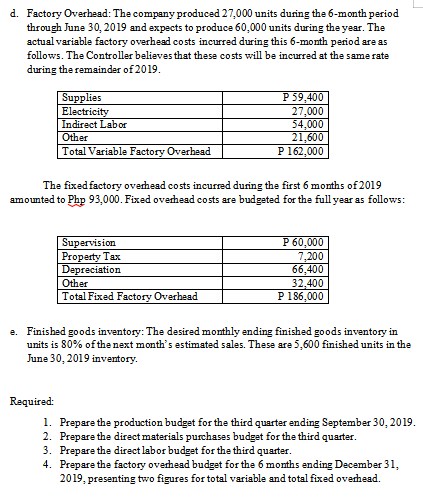 d. Factory Overhead: The company produced 27,000 units during the 6-month period
through June 30, 2019 and expects to produce 60,000 units during the year. The
actual variable factory overhead costs incurred during this 6-month period are as
follows. The Controller believes that these costs will be incurred at the same rate
during the remainder of 2019.
Supplies
Electricity
Indirect Labor
Other
Total Variable Factory Overhead
P 59,400
27,000
54,000
Supervision
Property Tax
Depreciation
Other
Total Fixed Factory Overhead
21,600
P 162,000
The fixed factory overhead costs incurred during the first 6 months of 2019
amounted to Php 93,000. Fixed overhead costs are budgeted for the full year as follows:
P 60,000
7,200
66,400
32,400
P 186,000
e. Finished goods inventory: The desired monthly ending finished goods inventory in
units is 80% of the next month's estimated sales. These are 5,600 finished units in the
June 30, 2019 inventory.
Required:
1. Prepare the production budget for the third quarter ending September 30, 2019.
2. Prepare the direct materials purchases budget for the third quarter.
3. Prepare the direct labor budget for the third quarter.
4. Prepare the factory overhead budget for the 6 months ending December 31,
2019, presenting two figures for total variable and total fixed overhead.