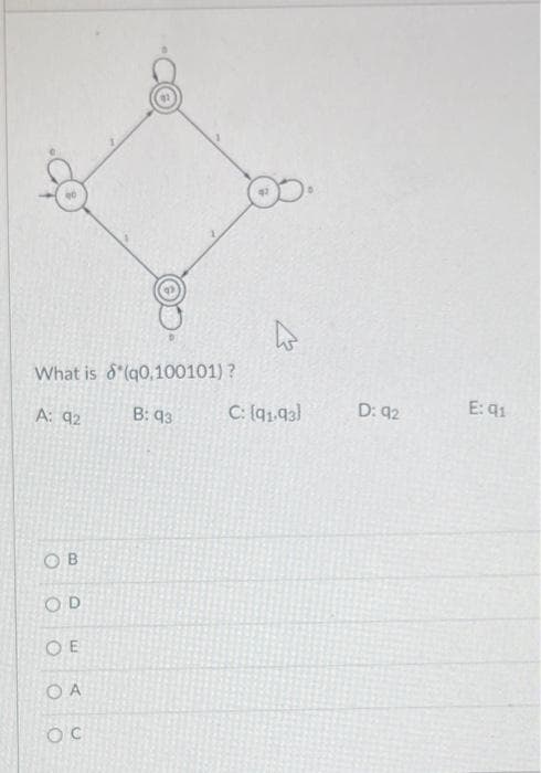 What is s'(q0,100101)
A: 92
B: 93
Ов
OD
OE
O A
ос
?
с: [91.93]
D: 92
E: 91