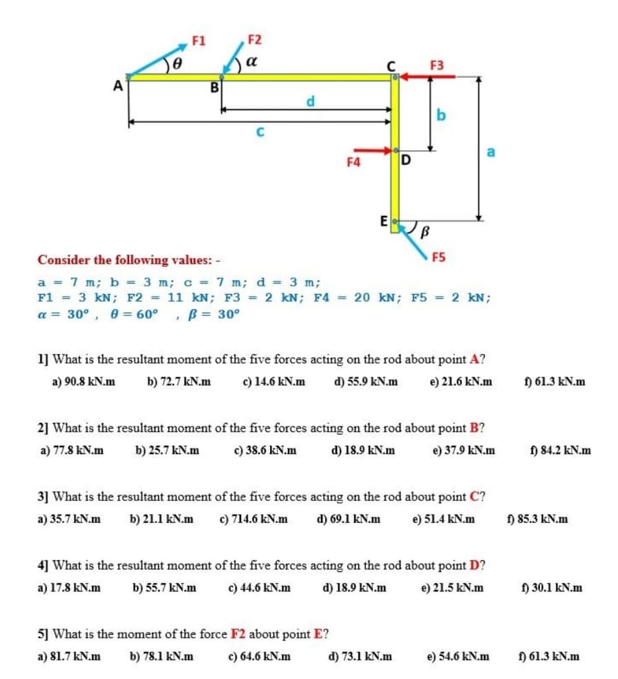 F1
F2
ba
C
F3
A
B
d.
b
F4
Consider the following values: -
F5
a = 7 m; b = 3 m; c = 7 m; d = 3 m;
F1 = 3 kN; F2 = 11 kN; F3 = 2 kN; F4 = 20 kN; F5 = 2 kN;
a = 30°
e = 60°
, B = 30°
1] What is the resultant moment of the five forces acting on the rod about point A?
a) 90.8 kN.m
b) 72.7 kN.m
c) 14.6 kN.m
d) 55.9 kN.m
e) 21.6 kN.m
f) 61.3 kN.m
2] What is the resultant moment of the five forces acting on the rod about point B?
a) 77.8 kN.m
b) 25.7 kN.m
c) 38.6 kN.m
d) 18.9 kN.m
e) 37.9 kN.m
f) 84.2 kN.m
3] What is the resultant moment of the five forces acting on the rod about point C?
a) 35.7 kN.m
b) 21.1 kN.m
c) 714.6 kN.m
d) 69.1 kN.m
e) 51.4 kN.m
f) 85.3 kN.m
4] What is the resultant moment of the five forces acting on the rod about point D?
a) 17.8 kN.m
b) 55.7 kN.m
c) 44.6 kN.m
d) 18.9 kN.m
e) 21.5 kN.m
f) 30.1 kN.m
5] What is the moment of the force F2 about point E?
a) 81.7 kN.m
b) 78.1 kN.m
c) 64.6 kN.m
d) 73.1 kN.m
e) 54.6 kN.m
f) 61.3 kN.m
