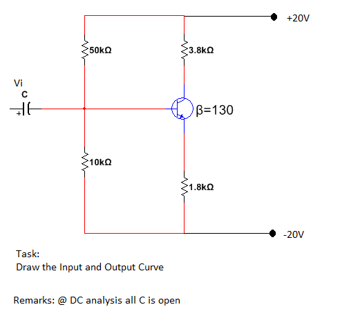 +20V
50k
3.8kQ
Vi
B=130
10kQ
1.8kQ
-20V
Task:
Draw the Input and Output Curve
Remarks: @ DC analysis all C is open
