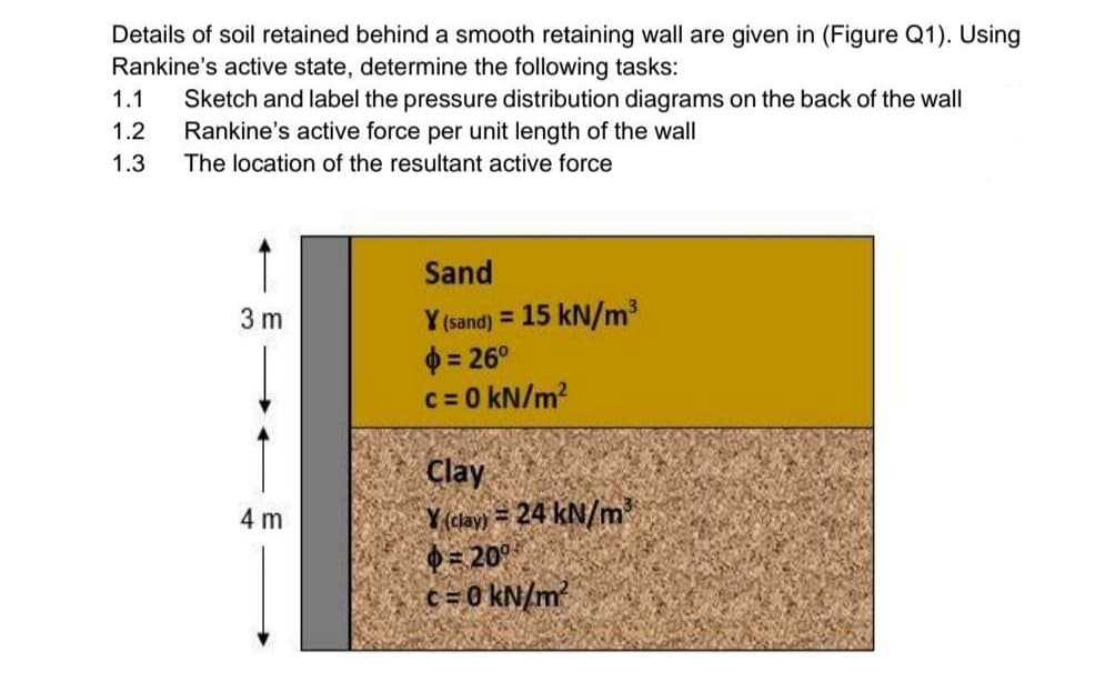 Details of soil retained behind a smooth retaining wall are given in (Figure Q1). Using
Rankine's active state, determine the following tasks:
Sketch and label the pressure distribution diagrams on the back of the wall
Rankine's active force per unit length of the wall
1.1
1.2
1.3
The location of the resultant active force
Sand
Y (sand) = 15 kN/m3
$ = 26°
c = 0 kN/m?
3 m
Clay
Y (dlav) = 24 kN/m
$ = 20°
c = 0 kN/m?
4 m
