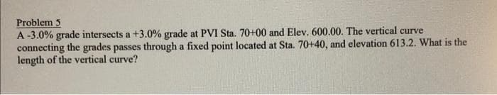 Problem 5
A-3.0% grade intersects a +3.0% grade at PVI Sta. 70+00 and Elev. 600.00. The vertical curve
connecting the grades passes through a fixed point located at Sta. 70+40, and elevation 613.2. What is the
length of the vertical curve?
