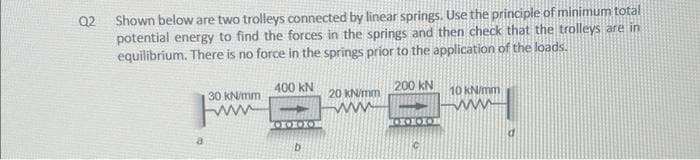 Q2
Shown below are two trolleys connected by linear springs. Use the principle of minimum total
potential energy to find the forces in the springs and then check that the trolleys are in
equilibrium. There is no force in the springs prior to the application of the loads.
30 kN/mm
www
400 KN
XOXOXOX
b
20 kN/mm
200 kN
C
10 kN/mm
www