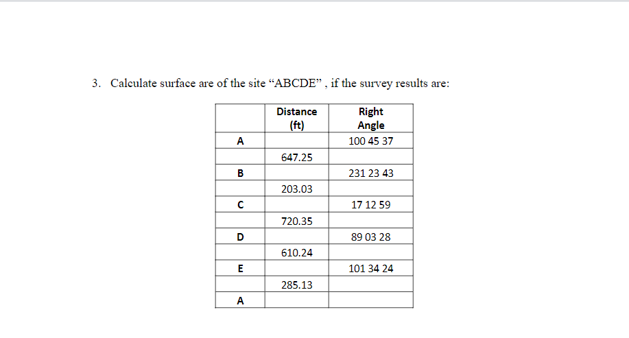 3. Calculate surface are of the site "ABCDE", if the survey results are:
Distance
(ft)
Right
Angle
100 45 37
A
B
с
D
E
A
647.25
203.03
720.35
610.24
285.13
231 23 43
17 12 59
89 03 28
101 34 24