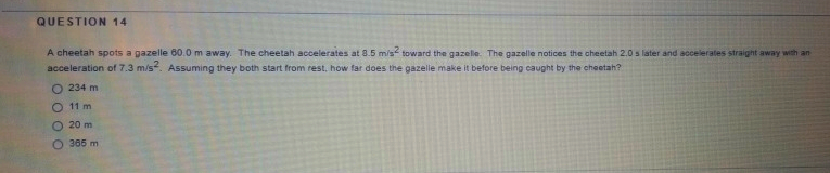 QUESTION 14
A cheetah spots a gazelle 60.0 m away. The cheetah accelerates at 8.5 m/s toward the gazele. The gazelle notices the cheetah 2.0 s later and accelerates straight away with an
acceleration of 7.3 mis. Assuming they both start from rest, how far does the gazelle make it before being caught by the cheetah?
O 234 m
O 11 m
O 20 m
O 305 m
