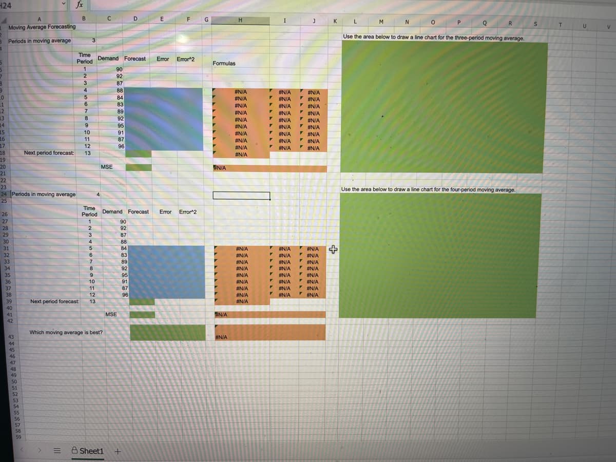 H24
fx
A
D
G
I
K
L
M
N
P
R.
Moving Average Forecasting
U
Use the area below to draw a line chart for the three-period moving average.
Periods in moving average
Time
Period
Demand Forecast
Error Error2
Formulas
1
90
2
92
3
87
88
#N/A
#N/A
I #N/A
V #N/A
I #N/A
#N/A
84
#N/A
11
12
13
14
15
16
17
6
83
#N/A
#N/A
89
#N/A
#N/A
#N/A
V#N/A
V #N/A
* #N/A
* #N/A
* #N/A
8
92
#N/A
#N/A
9
95
#N/A
* #N/A
10
91
#N/A
#N/A
11
87
#N/A
#N/A
12
96
#N/A
#N/A
18
Next period forecast:
13
#N/A
19
20
MSE
#N/A
21
22
23
Use the area below to draw a line chart for the four-period moving average.
24 Periods in moving average
4.
25
Time
Period
Error 2
Demand Forecast
Error
26
27
1
90
92
28
29
3
87
30
4
88
V #N/A C
* #N/A
* #N/A
V #N/A
* #N/A
* #NIA
* #N/A
V
31
84
#N/A
#N/A
* #N/A
32
33
6
83
#N/A
7
89
#N/A
V #N/A
V #N/A
* #NIA
#N/A
#N/A
34
8.
92
35
95
91
#N/A
36
10
#N/A
11
87
37
38
#N/A
#N/A
12
96
#N/A
#N/A
#N/A
#N/A
39
Next period forecast:
13
40
MSE
N/A
41
42
Which moving average is best?
43
#N/A
44
45
46
47
48
49
50
51
52
53
54
55
56
57
58
59
A Sheet1
