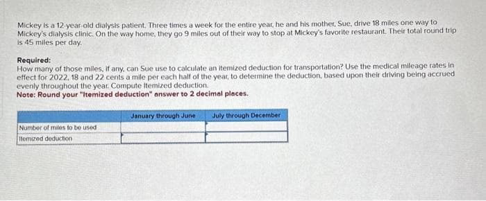 Mickey is a 12-year-old dialysis patient. Three times a week for the entire year, he and his mother, Sue, drive 18 miles one way to
Mickey's dialysis clinic. On the way home, they go 9 miles out of their way to stop at Mickey's favorite restaurant. Their total round trip
is 45 miles per day.
Required:
How many of those miles, if any, can Sue use to calculate an itemized deduction for transportation? Use the medical mileage rates in
effect for 2022, 18 and 22 cents a mile per each half of the year, to determine the deduction, based upon their driving being accrued
evenly throughout the year. Compute Itemized deduction.
Note: Round your "Itemized deduction" answer to 2 decimal places.
Number of miles to be used
Itemized deduction
January through June
July through December