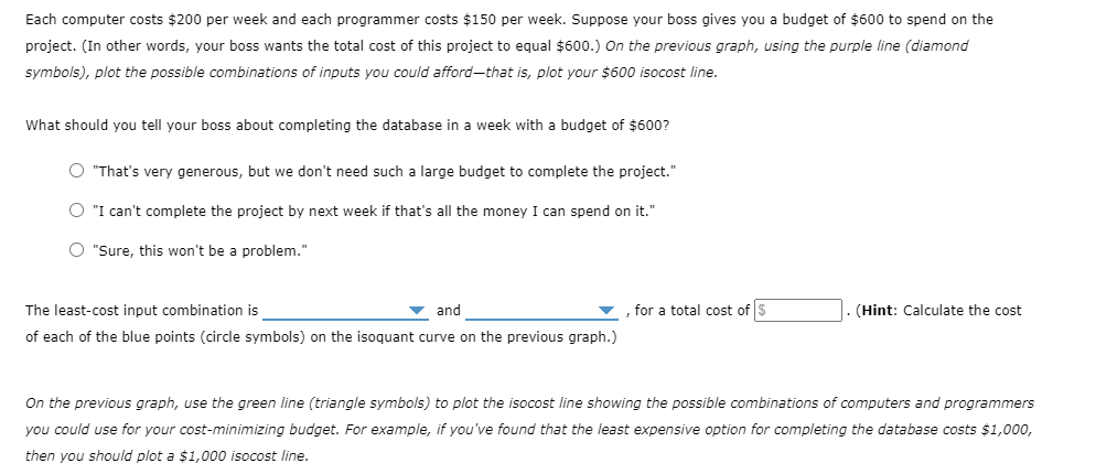 Each computer costs $200 per week and each programmer costs $150 per week. Suppose your boss gives you a budget of $600 to spend on the
project. (In other words, your boss wants the total cost of this project to equal $600.) On the previous graph, using the purple line (diamond
symbols), plot the possible combinations of inputs you could afford-that is, plot your $600 isocost line.
What should you tell your boss about completing the database in a week with a budget of $600?
O "That's very generous, but we don't need such a large budget to complete the project."
O "I can't complete the project by next week if that's all the money I can spend on it."
O "Sure, this won't be a problem."
The least-cost input combination is
and
for a total cost of s
(Hint: Calculate the cost
of each of the blue points (circle symbols) on the isoquant curve on the previous graph.)
On the previous graph, use the green line (triangle symbols) to plot the isocost line showing the possible combinations of computers and programmers
you could use for your cost-minimizing budget. For example, if you've found that the least expensive option for completing the database costs $1,000,
then you should plot a $1,000 isocost line.
