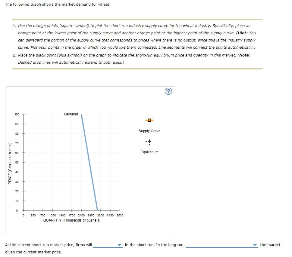 The following graph shows the market demand for wheat.
1. Use the orange points (square symbol) to plot the short-run industry supply curve for the wheat industry. Specifically, place an
orange point at the lowest point of the supply curve and another orange point at the highest point of the supply curve. (Hint: You
can disregard the portion of the supply curve that corresponds to prices where there is no output, since this is the industry supply
curve. Plot your points in the order in which you would like them connected. Line segments will connect the points automatically.)
2. Place the black point (plus symbol) on the graph to indicate the short-run equilibrium price and quantity in this market. (Note:
Dashed drop lines will automatically extend to both axes.)
100
Demand
90
Supply Curve
80
Equilibrium
10
350
700
1050 1400 1750 2100 2450 2800 3150 3500
QUANTITY (Thousands of bushels)
At the current short-run market price, firms will
v in the short run. In the long run,
v the market
given the current market price.
PRICE (Cents per bushel)
