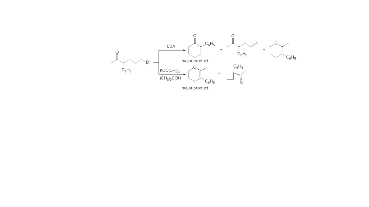 LDA
Br
major product
CGH5
KOC(CH)3
(CH)3COH
major product
