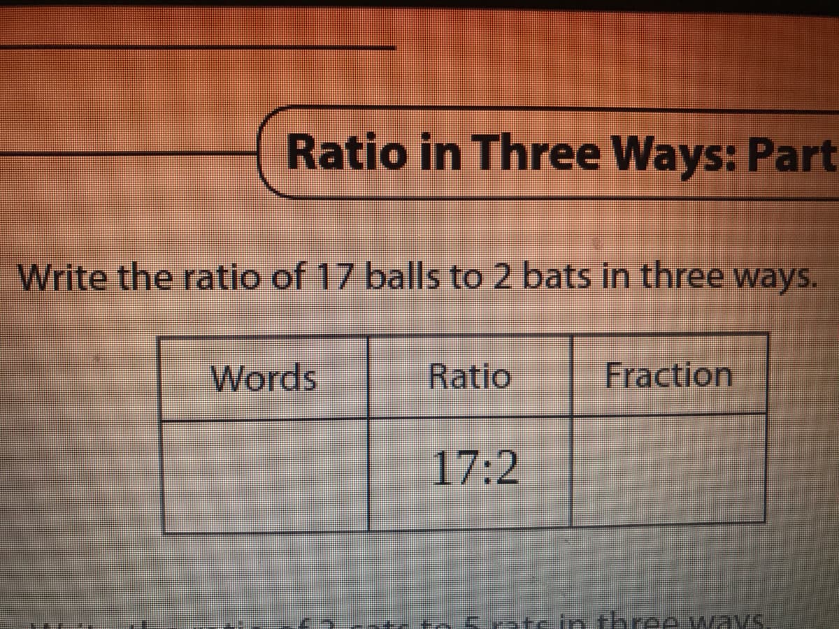 Ratio in Three Ways: Part
Write the ratio of 17 balls to 2 bats in three ways.
Words
Ratio
Fraction
17:2
in three ways
