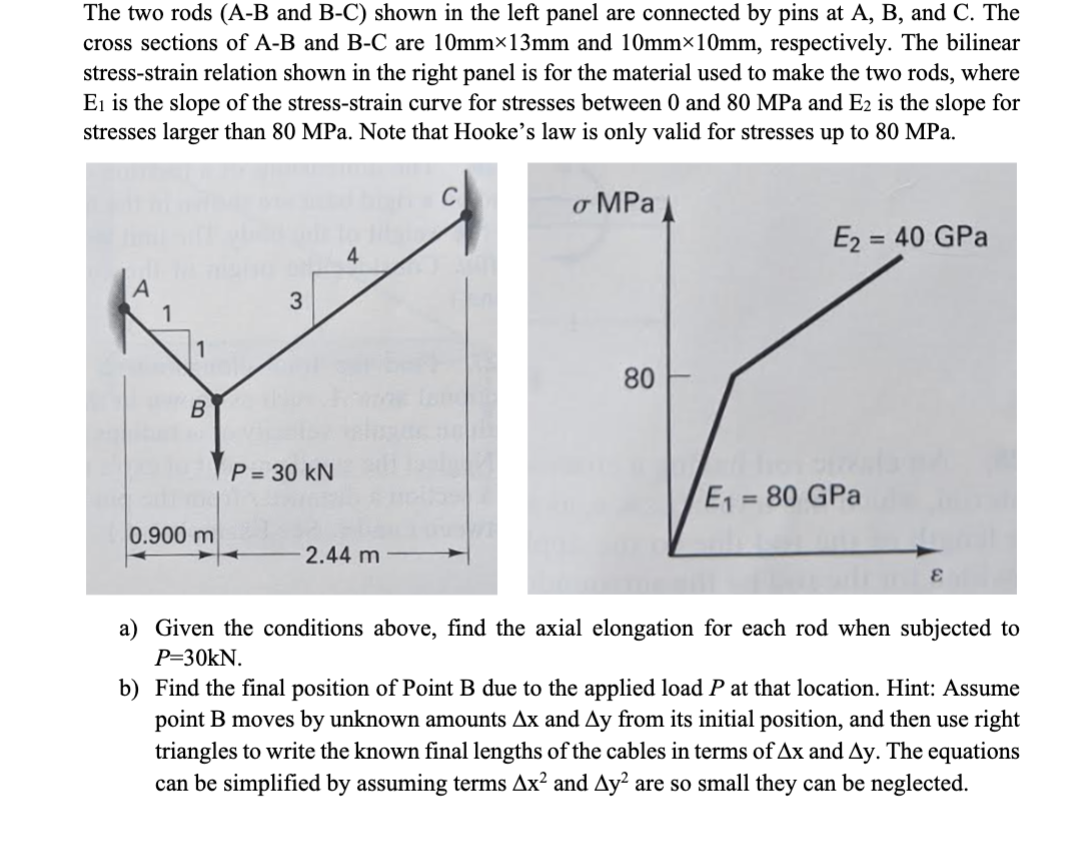 The two rods (A-B and B-C) shown in the left panel are connected by pins at A, B, and C. The
cross sections of A-B and B-C are 10mm×13mm and 10mm×10mm, respectively. The bilinear
stress-strain relation shown in the right panel is for the material used to make the two rods, where
Ei is the slope of the stress-strain curve for stresses between 0 and 80 MPa and E2 is the slope for
stresses larger than 80 MPa. Note that Hooke's law is only valid for stresses up to 80 MPa.
A
1
1
B
0.900 m
3
P = 30 kN
2.44 m
C
σ MPa
80
E₂ = 40 GPa
E₁ = 80 GPa
E
a) Given the conditions above, find the axial elongation for each rod when subjected to
P=30KN.
b) Find the final position of Point B due to the applied load P at that location. Hint: Assume
point B moves by unknown amounts Ax and Ay from its initial position, and then use right
triangles to write the known final lengths of the cables in terms of Ax and Ay. The equations
can be simplified by assuming terms Ax² and Ay² are so small they can be neglected.