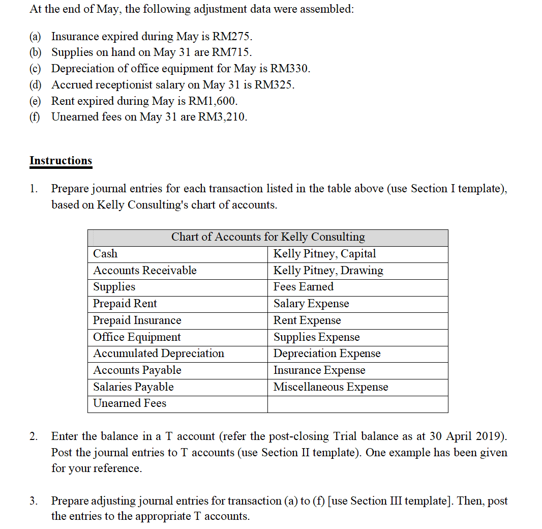 At the end of May, the following adjustment data were assembled:
(a) Insurance expired during May is RM275.
(b) Supplies on hand on May 31 are RM715.
(c) Depreciation of office equipment for May is RM330.
(d) Accrued receptionist salary on May 31 is RM325.
(e) Rent expired during May is RM1,600.
(f) Unearned fees on May 31 are RM3,210.
Instructions
1.
Prepare journal entries for each transaction listed in the table above (use Section I template),
based on Kelly Consulting's chart of accounts.
Chart of Accounts for Kelly Consulting
Cash
Kelly Pitney, Capital
Kelly Pitney, Drawing
Accounts Receivable
Supplies
Fees Earned
Prepaid Rent
Prepaid Insurance
Office Equipment
Accumulated Depreciation
Accounts Payable
Salaries Payable
Salary Expense
Rent Expense
Supplies Expense
Depreciation Expense
Insurance Expense
Miscellaneous Expense
Unearned Fees
Enter the balance in a T account (refer the post-closing Trial balance as at 30 April 2019).
Post the journal entries to T accounts (use Section II template). One example has been given
for your reference.
2.
3. Prepare adjusting journal entries for transaction (a) to (f) [use Section III template]. Then, post
the entries to the appropriate T accounts.
