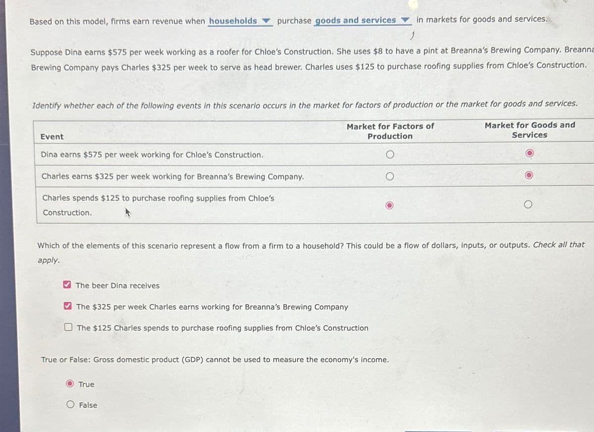 purchase goods and services in markets for goods and services.
)
Suppose Dina earns $575 per week working as a roofer for Chloe's Construction. She uses $8 to have a pint at Breanna's Brewing Company. Breanna
Brewing Company pays Charles $325 per week to serve as head brewer. Charles uses $125 to purchase roofing supplies from Chloe's Construction.
Based on this model, firms earn revenue when households
Identify whether each of the following events in this scenario occurs in the market for factors of production or the market for goods and services.
Market for Factors of
Production
Market for Goods and
Services
Event
Dina earns $575 per week working for Chloe's Construction.
Charles earns $325 per week working for Breanna's Brewing Company.
Charles spends $125 to purchase roofing supplies from Chloe's
Construction.
Which of the elements of this scenario represent a flow from a firm to a household? This could be a flow of dollars, inputs, or outputs. Check all that
apply.
The beer Dina receives
The $325 per week Charles earns working for Breanna's Brewing Company
The $125 Charles spends to purchase roofing supplies from Chloe's Construction
True or False: Gross domestic product (GDP) cannot be used to measure the economy's income.
O True
False