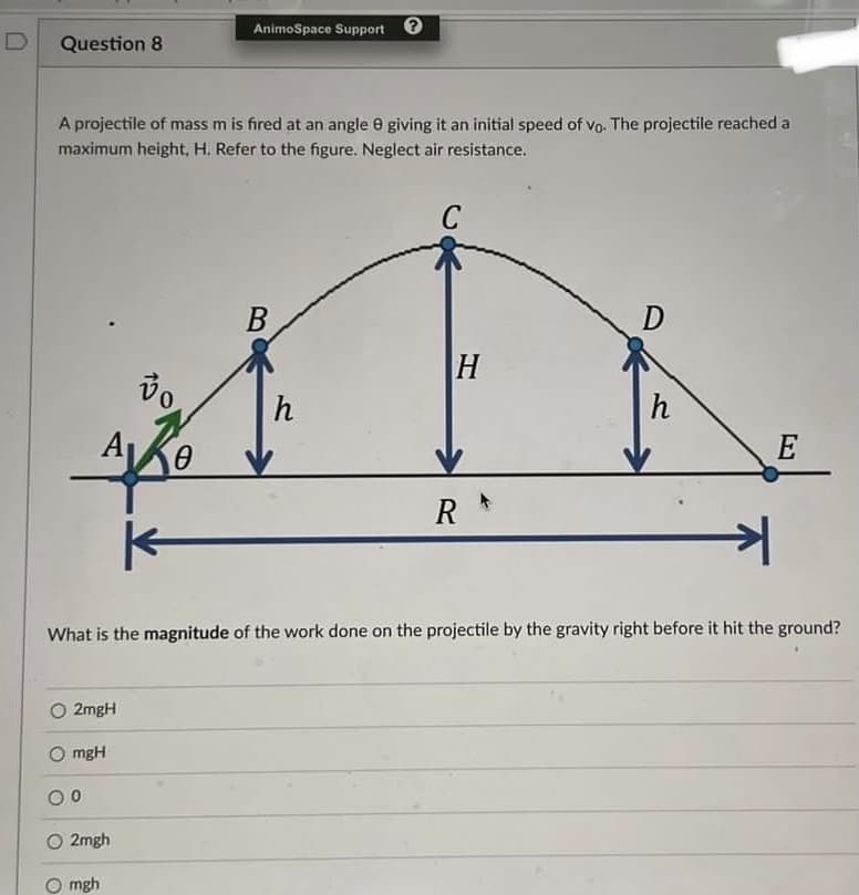 D
Question 8
A projectile of mass m is fired at an angle 8 giving it an initial speed of vo. The projectile reached a
maximum height, H. Refer to the figure. Neglect air resistance.
C
AK
0
2mgH
mgH
0
vo
2mgh
AnimoSpace Support
mgh
B
h
H
R
What is the magnitude of the work done on the projectile by the gravity right before it hit the ground?
D
h
키
E