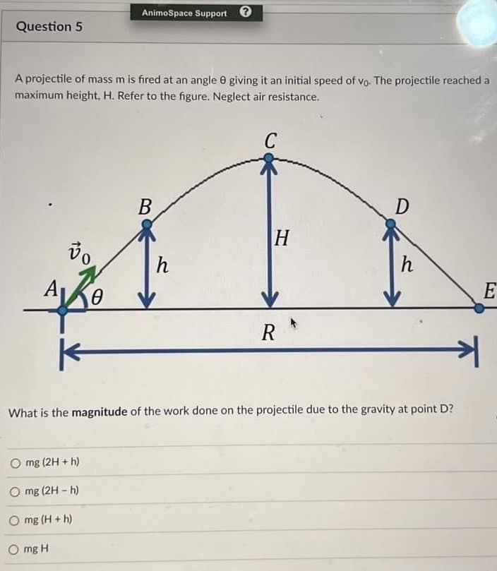 Question 5
A projectile of mass m is fired at an angle 9 giving it an initial speed of vo. The projectile reached at
maximum height, H. Refer to the figure. Neglect air resistance.
vo
430
Ө
AnimoSpace Support
mg (2H + h)
mg (2H-h)
mg (H + h)
Omg H
B
h
C
H
R
D
What is the magnitude of the work done on the projectile due to the gravity at point D?
h
E