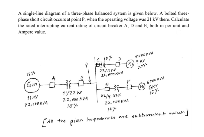 A single-line diagram of a three-phase balanced system is given below. A bolted three-
phase short circuit occurs at point P, when the operating voltage was 21 kV there. Calculate
the rated interrupting current rating of circuit breaker A, D and E, both in per unit and
Ampere value.
Ic 10% D
12
(M)
9KV
22/11KV
22, 000 KVA
20%.
A
Gen
600OKVA
11 KV
11/22 KX
Mz
6KY
22,000 KVA
22,000 KVA
22/7.33K
15%
15%
22, 000 KVA
14%
LAll the
given impedances are su btranslent values7
