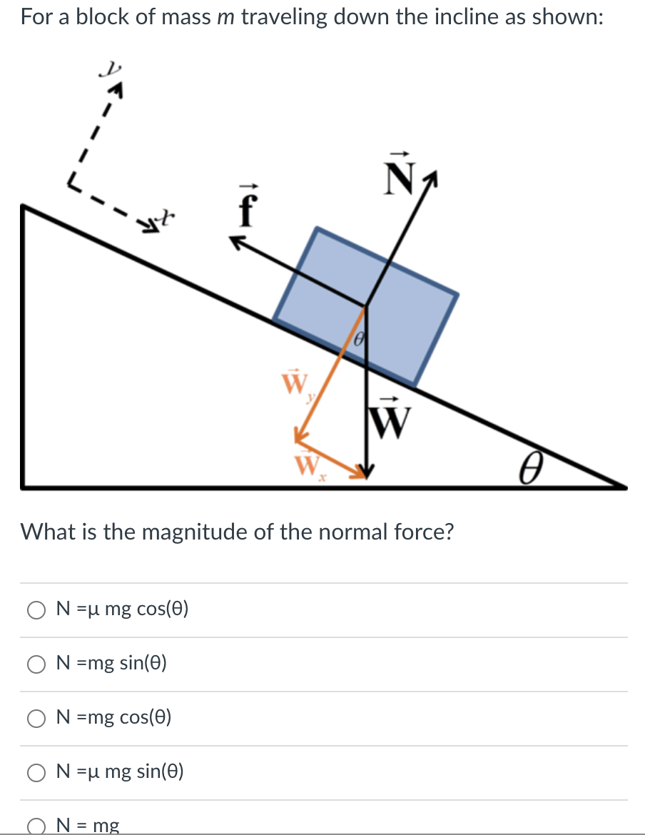 For a block of mass m traveling down the incline as shown:
W.
W
W
What is the magnitude of the normal force?
N =u mg cos(0)
N =mg sin(0)
N =mg cos(0)
N =u mg sin(0)
N = mg
