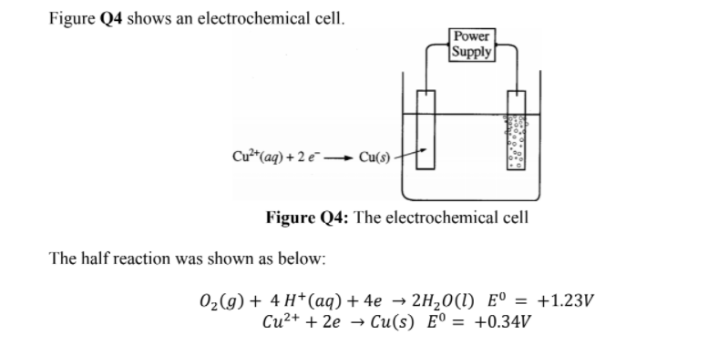 Figure Q4 shows an electrochemical cell.
Power
Supply
Cu* (aq) + 2 e¯ → Cu(s)-
Figure Q4: The electrochemical cell
The half reaction was shown as below:
02(g) + 4 H*(aq) + 4e → 2H20(1) E° = +1.23V
Си2+ + 2е — Си(s) Е®
= +0.34V
