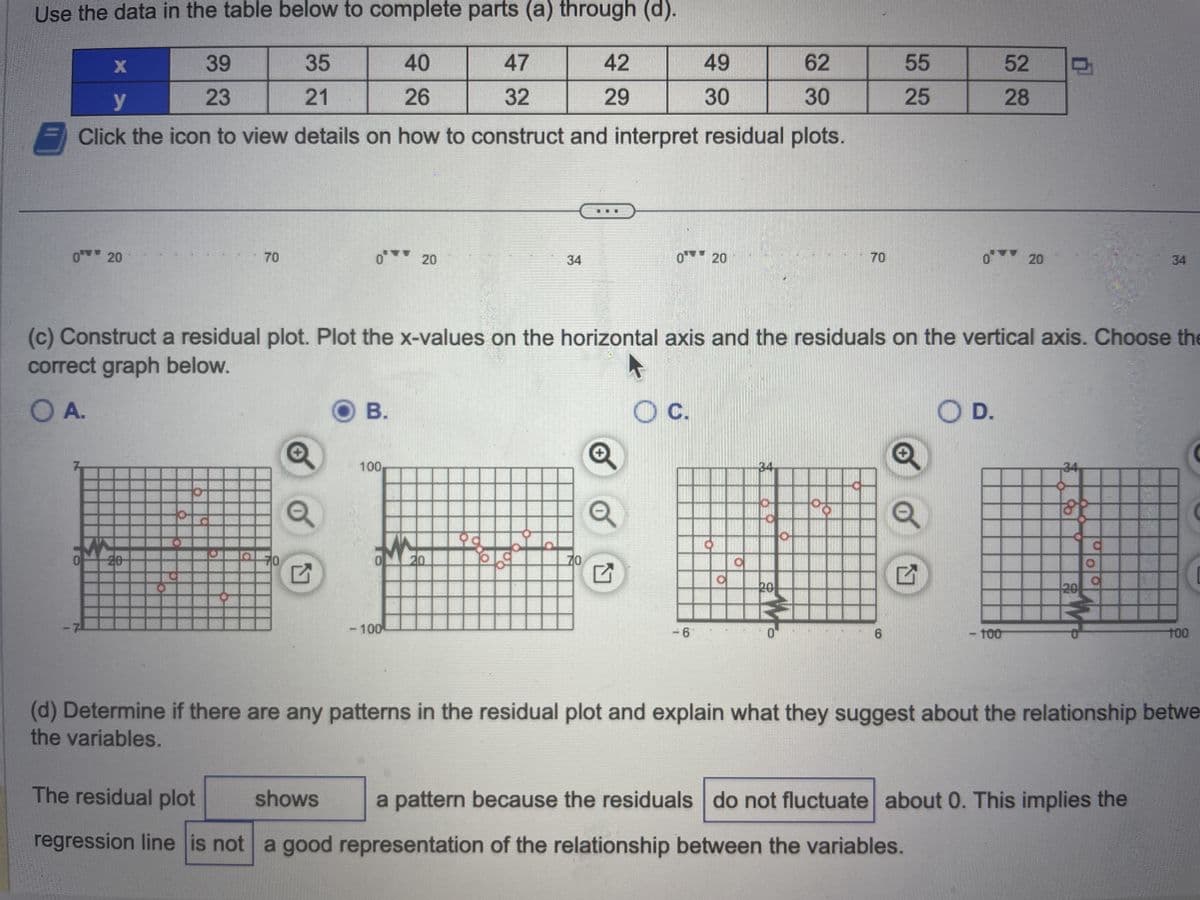 0 20
Use the data in the table below to complete parts (a) through (d).
X
39
35
40
47
62
y
23
21
26
32
30
E Click the icon to view details on how to construct and interpret residual plots.
70
70
0 20
Q
O B.
100,
OML20
- 100
99
42
29
34
200
(c) Construct a residual plot. Plot the x-values on the horizontal axis and the residuals on the vertical axis. Choose the
correct graph below.
A.
49
30
Q
0 20
O C.
C
34
70
20
55
25
6
Ⓒ
0
다
O D.
52
28
-100
20
0
34
20
O
a
100
(d) Determine if there are any patterns in the residual plot and explain what they suggest about the relationship betwe
the variables.
The residual plot
shows
a pattern because the residuals do not fluctuate about 0. This implies the
regression line is not a good representation of the relationship between the variables.