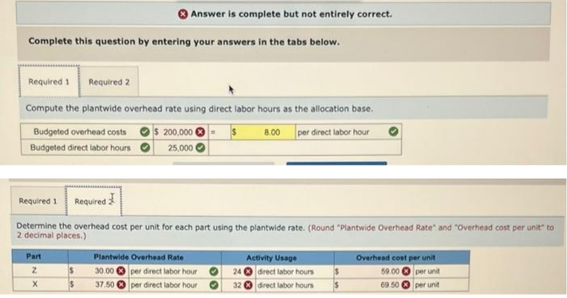 Answer is complete but not entirely correct.
Complete this question by entering your answers in the tabs below.
Required 1
Required 2
Compute the plantwide overhead rate using direct labor hours as the allocation base.
Budgeted overhead costs
Os 200,000 O- s
8.00
per direct labor hour
Budgeted direct labor hours
25,000 O
Required 1
Required 2
Determine the overhead cost per unit for each part using the plantwide rate. (Round "Plantwide Overhead Rate" and "Overhead cost per unit" to
2 decimal places.)
Part
Plantwide Overhead Rate
Activity Usage
Overhead cost per unit
30.00 per direct labor hour
24 O direct labor hours
59.00 O per unit
37.50
per direct labor hour
32 O direct labor hours
69.50
per unit
