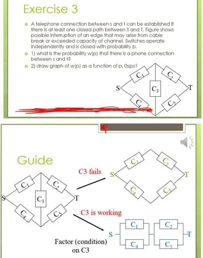 Exercise 3
o A telephone connection between s and t can be established if
there is at least one closed path between S and T. Figure shows
possible Interruption of an edge that may arise from cable
break or exceeded capacity of channel. Switches operate
independently and is closed with probablity p.
o 1) what is the probability w(p) that there is a phone connection
between s and t?
o 2) draw graph of w(p) as a function of p, 0Osps1
C
C
Guide
C3 fails
C3
C3 is working
Cs
C
Factor (condition)
on C3
