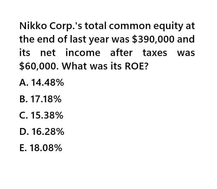 Nikko Corp.'s total common equity at
the end of last year was $390,000 and
its net income after taxes was
$60,000. What was its ROE?
A. 14.48%
B. 17.18%
C. 15.38%
D. 16.28%
E. 18.08%